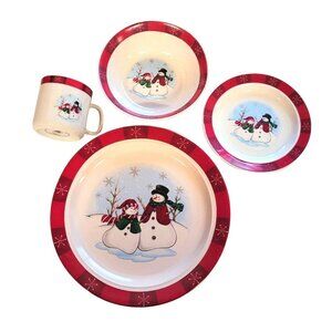 Snowman Plates Bowls Cup Dinnerware Set Fun Holiday Christmas Dishes JH183802
